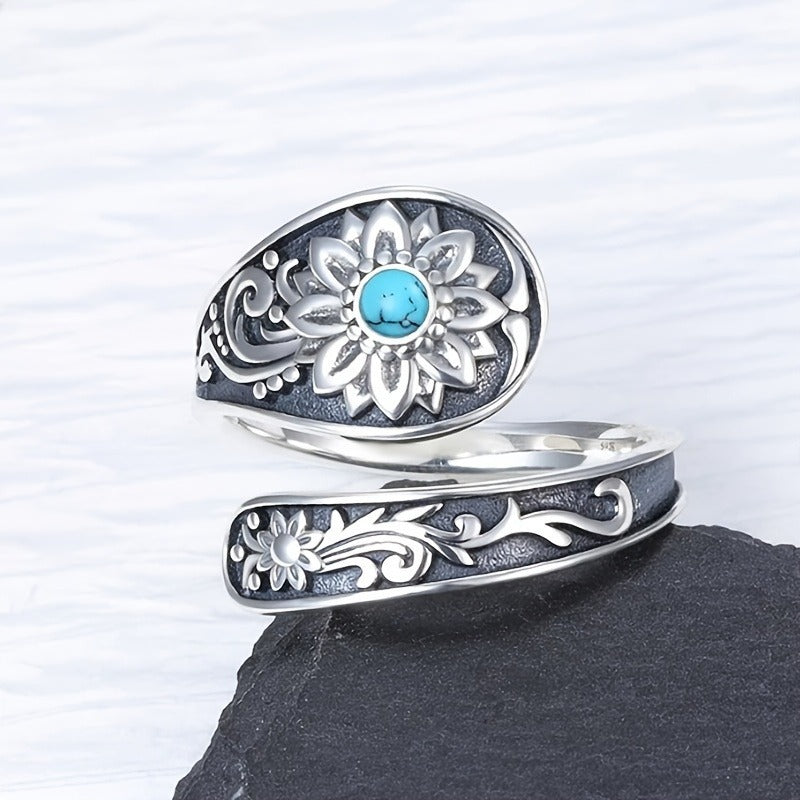925 Silver Spoon Ring – Sunflower Carving with Inlaid Turquoise | Eternal Wedding Jewelry & Daily Statement Piece