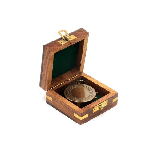 Vintage Collectible Brass Campass With Wood Box