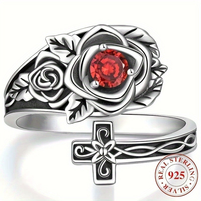 Luxury Adjustable 925 Silver Bracelet Ring – Red Cubic Zirconia Rose | Nickel-Free, Allergy-Proof Gift for Her