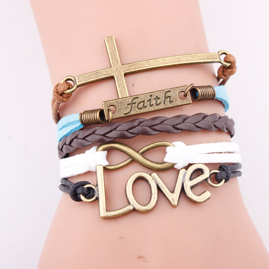 European & American Style Love Pendant Bracelet – Multi-Layer Woven Leather (Unisex)