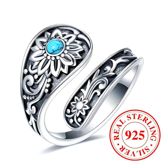 925 Silver Spoon Ring – Sunflower Carving with Inlaid Turquoise | Eternal Wedding Jewelry & Daily Statement Piece