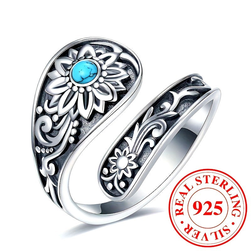 925 Silver Spoon Ring – Sunflower Carving with Inlaid Turquoise | Eternal Wedding Jewelry & Daily Statement Piece