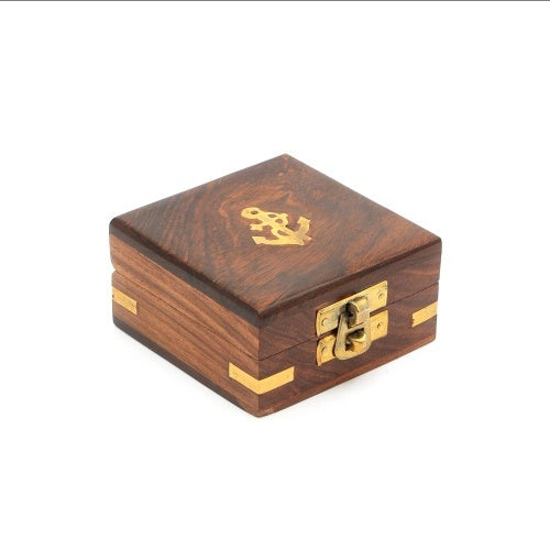 Vintage Collectible Brass Campass With Wood Box