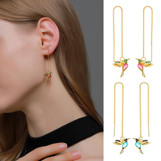 Fashion Jewelry Hummingbird Tassel Crystal Drop Earrings – Elegant Long Hanging Earrings for Women