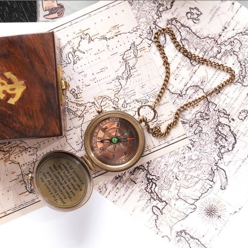 Vintage Collectible Brass Campass With Wood Box