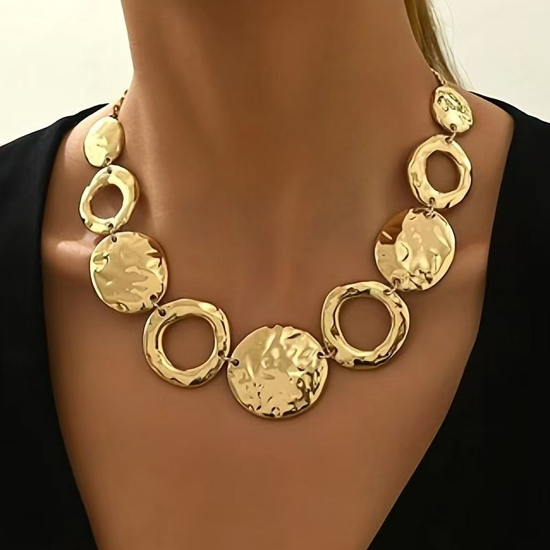 Lxalry Hammered Texture Geometric Gold Necklace Handmade Layered Statement Jewelry For Women, Modern Artisan Gift For Elegant Everyday Evening Outfits