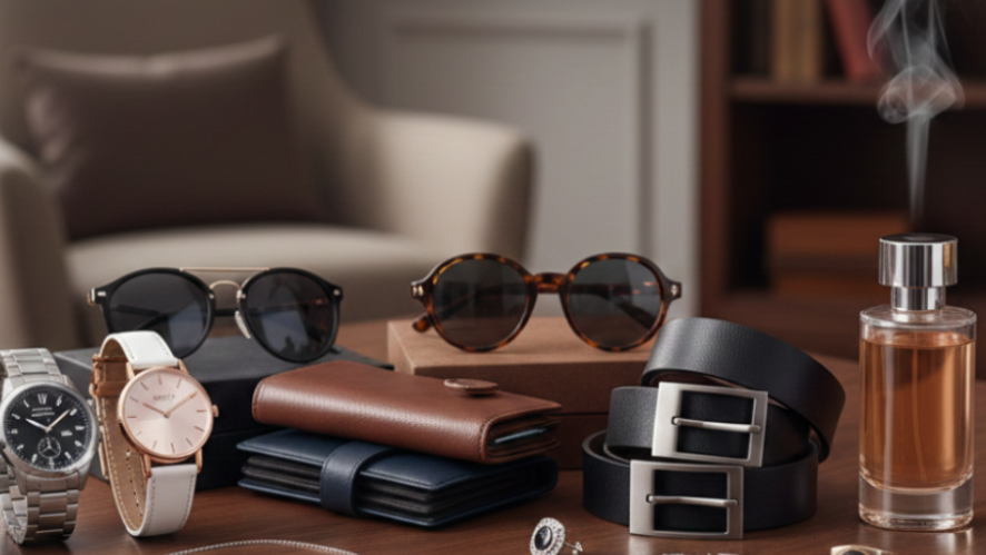 Collection of unisex accessories including watches, sunglasses, wallets, belts, and perfumes on a wooden surface with 'The Luxe Collective' branding.