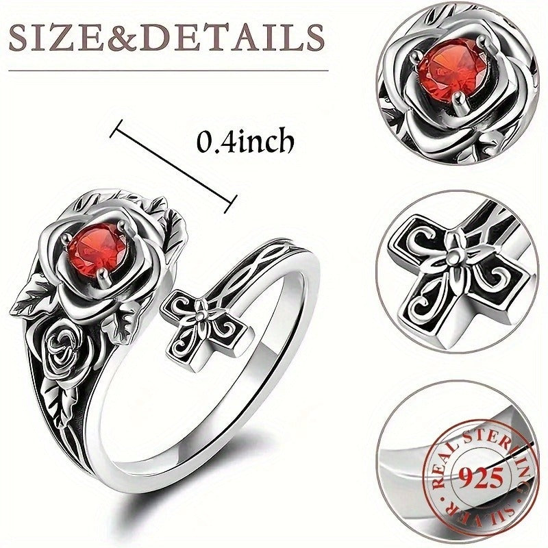 Luxury Adjustable 925 Silver Bracelet Ring – Red Cubic Zirconia Rose | Nickel-Free, Allergy-Proof Gift for Her