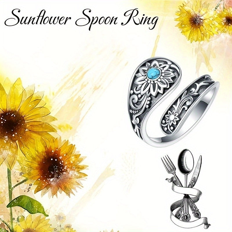 925 Silver Spoon Ring – Sunflower Carving with Inlaid Turquoise | Eternal Wedding Jewelry & Daily Statement Piece