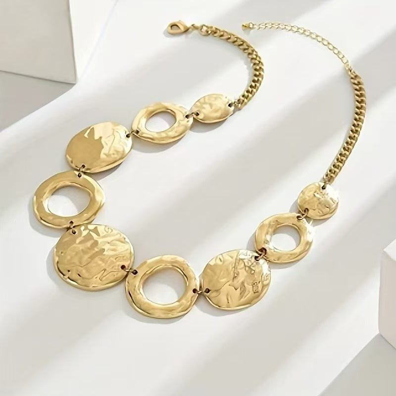 Lxalry Hammered Texture Geometric Gold Necklace Handmade Layered Statement Jewelry For Women, Modern Artisan Gift For Elegant Everyday Evening Outfits
