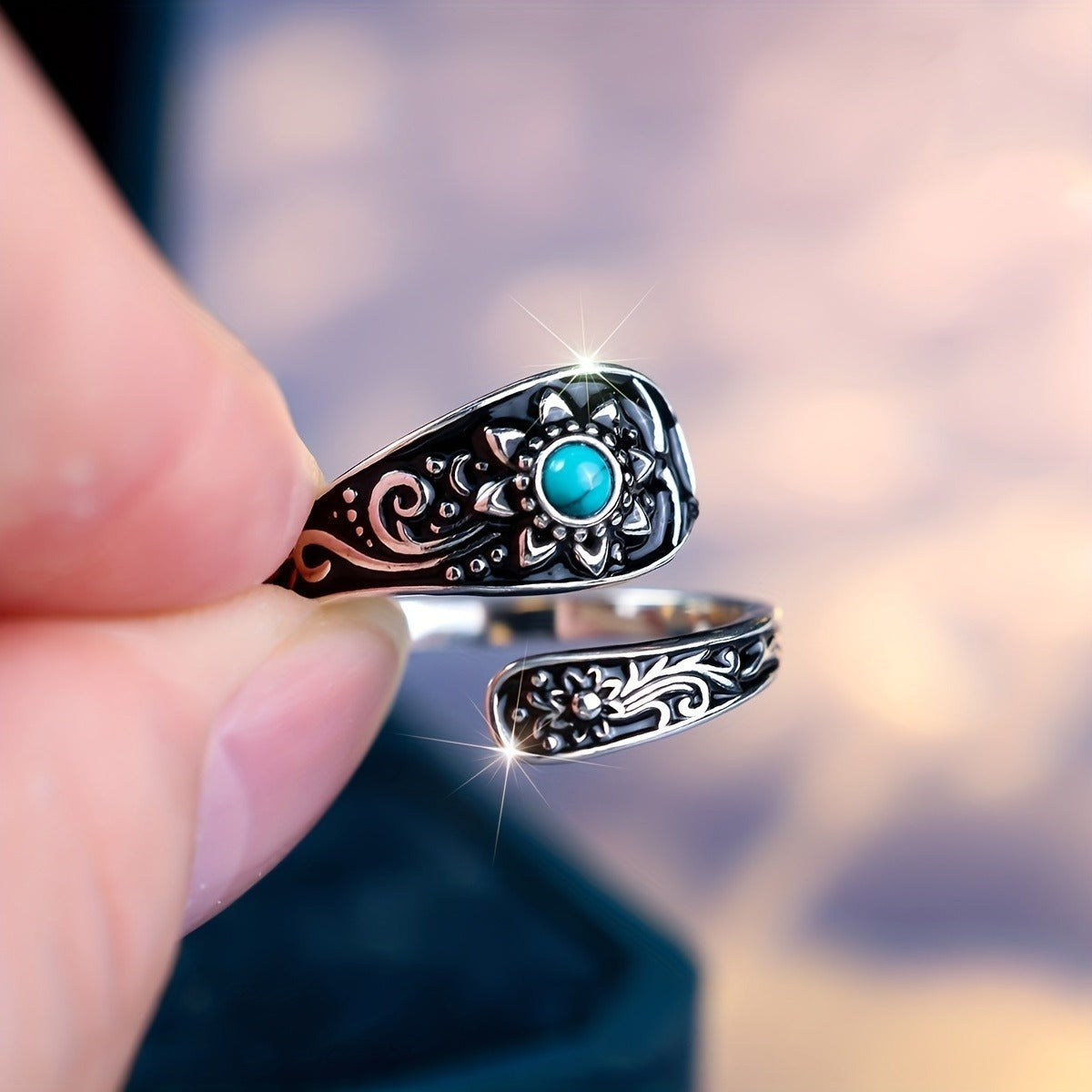 925 Silver Spoon Ring – Sunflower Carving with Inlaid Turquoise | Eternal Wedding Jewelry & Daily Statement Piece
